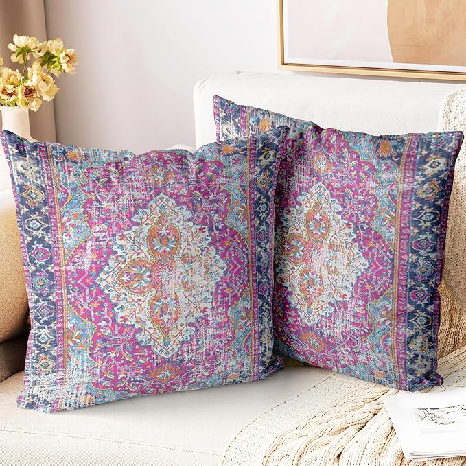Boho Throw Pillow Covers 18x18 inch Set of 2,Soft Pillowcases Bohemia Carpet Printing Pattern Decorative Sofa Living Room Bed Square Pillow Case Cushion Cover-Purple