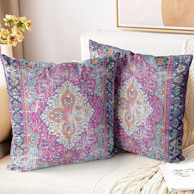 Boho Throw Pillow Covers 26x26 inch Set of 2,Soft Pillowcases Bohemia Carpet Printing Pattern Decorative Sofa Living Room Bed Square Pillow Case Cushion Cover-Purple