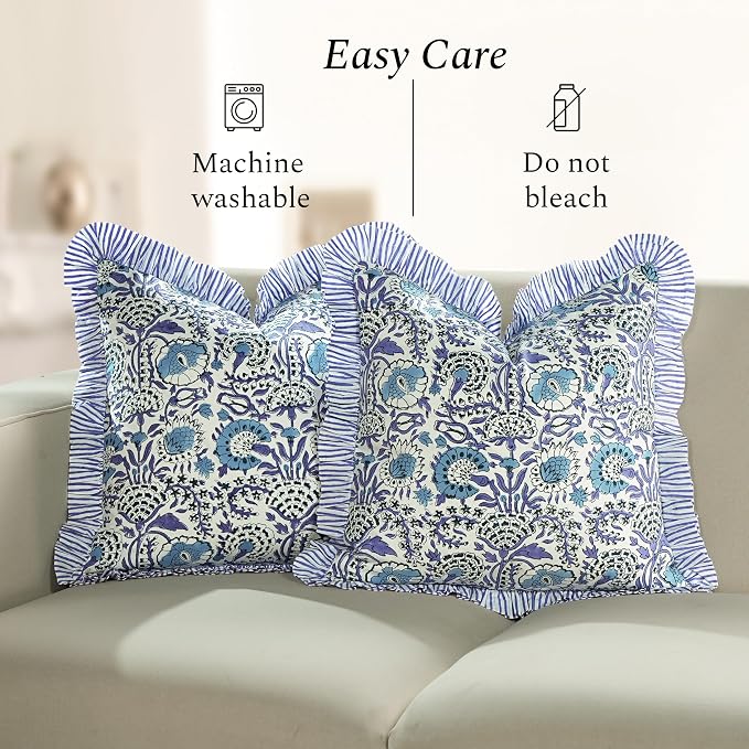 CPC Indigo Blue 100% Cotton Block Print Ruffle Pillow Cover 16X16 inch, Handmade Boho Floral Pillowcase, Farmhouse Cottagecore Bedding, Soft Decorative Cushion Cover for Bedroom Décor