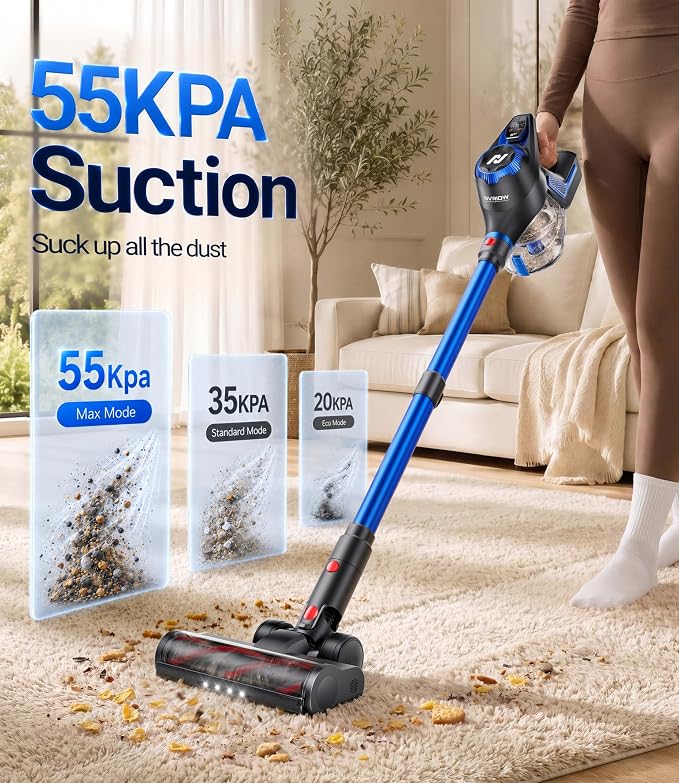 Cordless Vacuum Cleaner, 55Kpa Vacuum Cleaners for Home, Max 80mins Runtime Stick Vacuum with LED Display&1.5L Dust Cup, Rechargeable Lightweight Handheld Vacuum for Carpet/Hardwood Floor/Pet Hair/Car