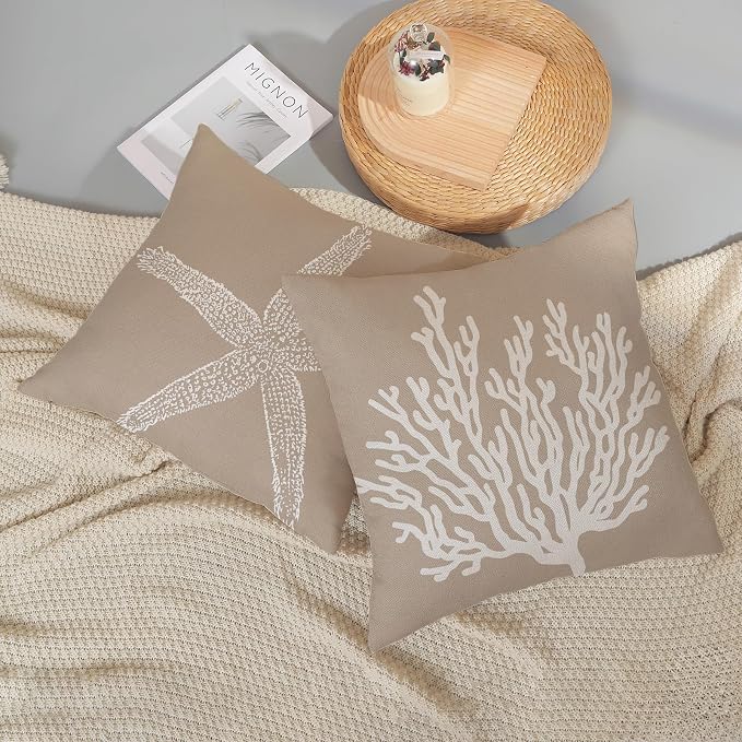 Coastal Pillow Covers 18x18 Inch Set of 2 Brown Tan Coral Starfish Throw Pillows Summer Nautical Beach Ocean Decorations Linen Pillowcase Outdoor Decor Farmhouse Cushion Case for Home Bedroom