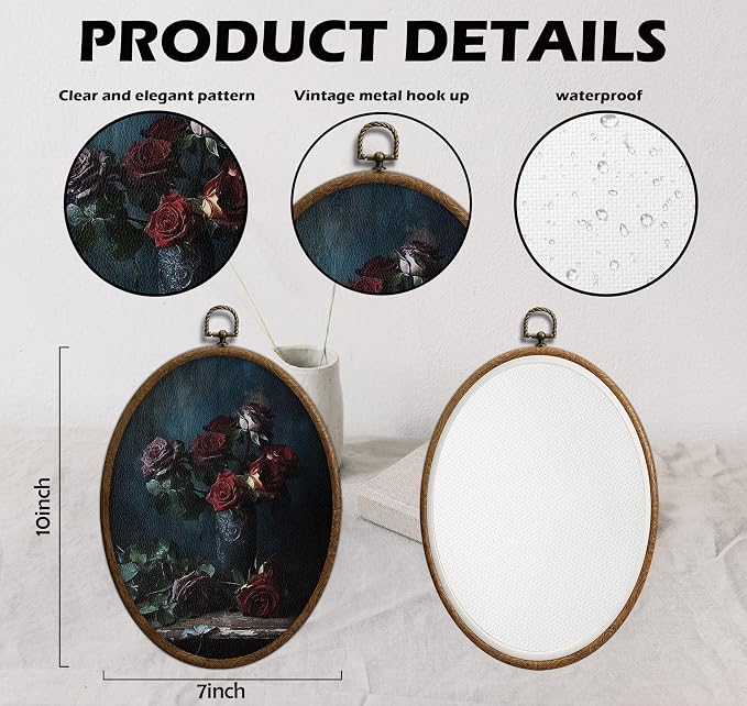 Vintage Red Rose Oval Wall Art, Rose in Bottle Oval Framed Wall Art, Waterproof Dark Aesthetic Floral Cottage Core Home Decor for Western Farmhouse Bedroom Living Room, Home Retro Decor Products, 23