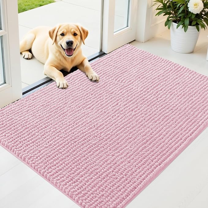 OLANLY Dog Door Mat for Muddy Paws 44x32, Extra Absorbent Chenille Mud Mat | Dusty Rose, Absorbs Moisture and Dirt, Non-Slip Machine Washable Doormat, Quick-Drying Indoor Entryway Floor Mat for Dogs
