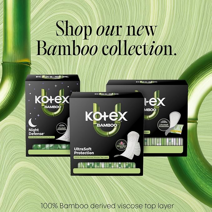 Kotex Bamboo Ultra Thin Overnight Pads with Wings, 72 Count (2 Packs of 36) (Packaging May Vary)