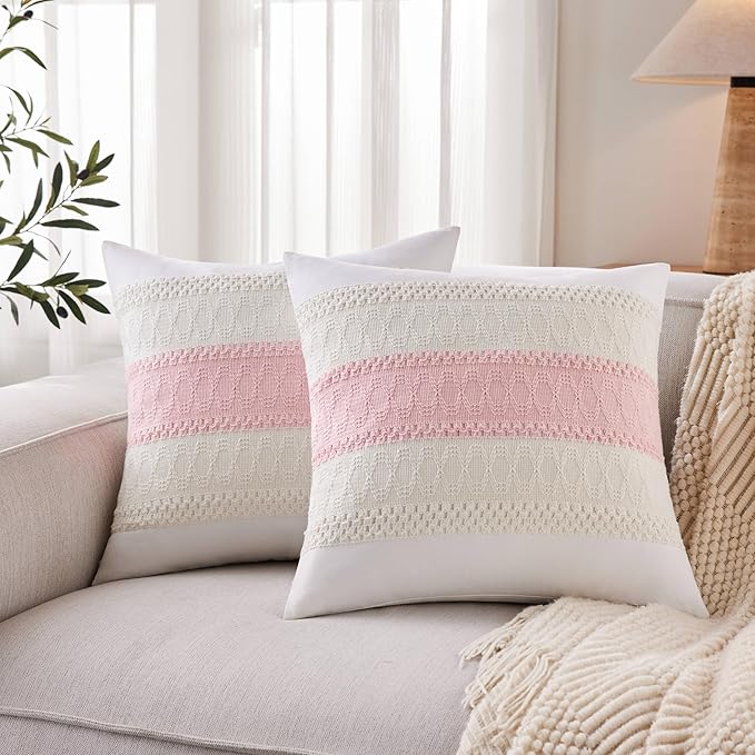2pk Boho Pillow Covers 20x20, Natural White/Contrast/Light Pink | 100% Organic Cotton Body, Stripe Embroidery, Farmhouse Decorative Cushion Covers for Sofa Bed Living Room Home Decor