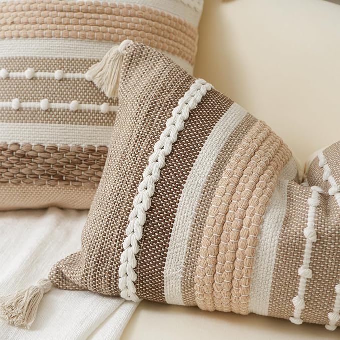 Brown Decorative Throw Pillow Cover 20x20 Square Boho Accent Pillowcase Tassels Farmhouse Cushion for Couch Sofa Bedroom Livingroom Home Décor Cover ONLY (Pack of 1)