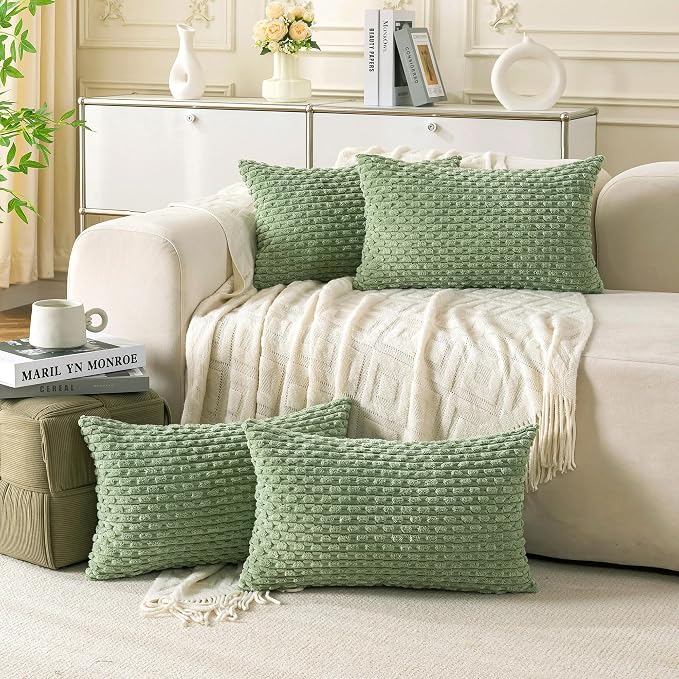 Set of 4 Sage Green Decorative Throw Pillow Covers 12x20 Inch Corduroy Pillow Covers for Bed Couch Sofa Living Room Soft Cushion Cases