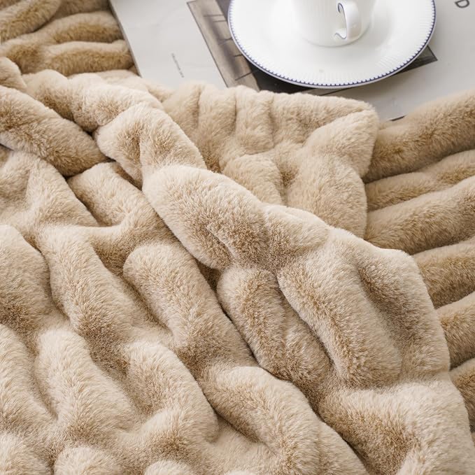 BATTILO Soft Faux Fur Throw Blanket for Couch, Double Side, 60"x80", Beige | Luxury Minky Couture Blanket, Beige Throw Blanket, Premium Silky Cozy Soft Fluffy Faux Fur Blanket For Bed, Sofa Living Room