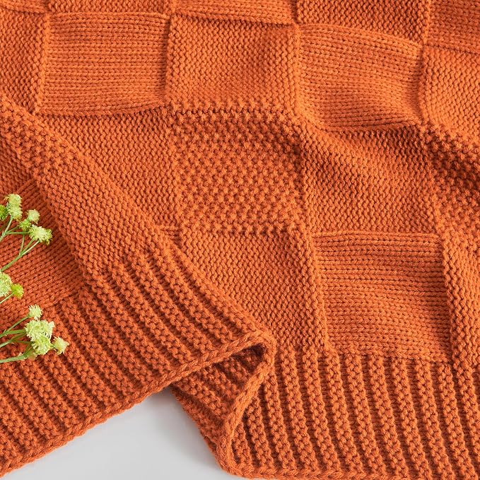 CozeCube Rust Orange Knitted Checkered Throw Blanket 60"X80" | Check Knit Throw for Couch, Decorative Christmas Soft Cozy Warm Blanket for Bed Sofa Living Room