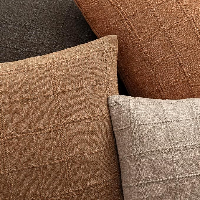 Foindtower Set of 2 Decorative Linen Check Throw Pillow Covers Neutral Farmhouse Vintage Cushion Covers Modern Boho Home Decor for Sofa Chair Couch Bedroom Living Room,24×24 Inch,Brick