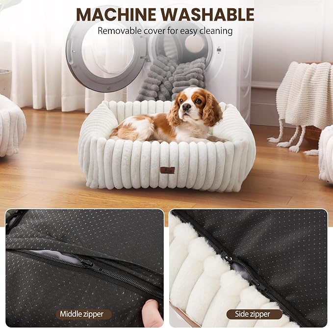 Washable Dog Bed for Small Medium Dogs, Rectangle Orthopedic Pet Bed with Removable Cover, Fluffy Memory Foam Dog Beds with Anti-Slip Bottom, Cream (25x21x7 inches)