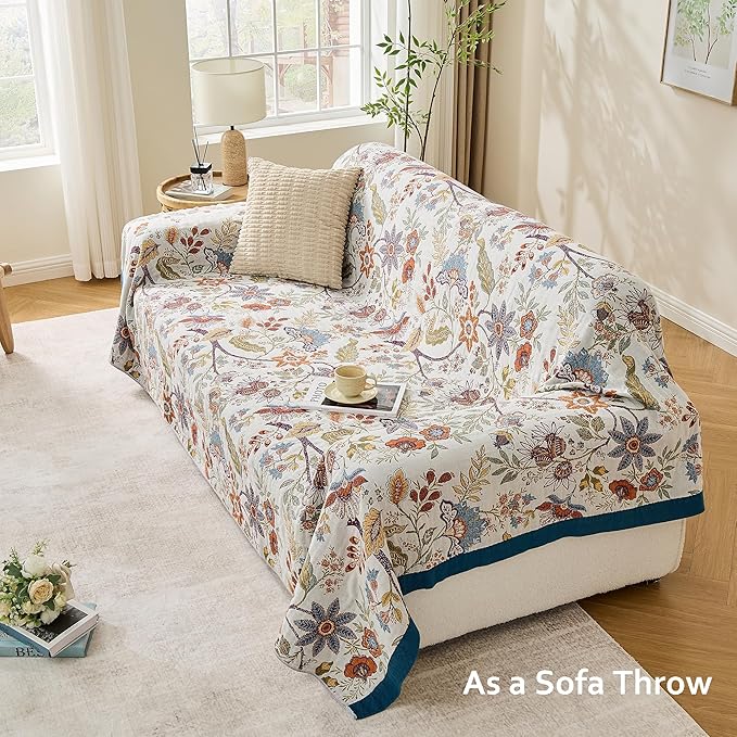 VANJOROY Boho Throw Blanket, 100% Organic Cotton Breathable Skin-Friendly Ultra Soft Bed Quilt Throw - All Season Floral Farmhouse Décor Luxury Blanket for Sofa Couch Chair and Gift. 60" x 80"