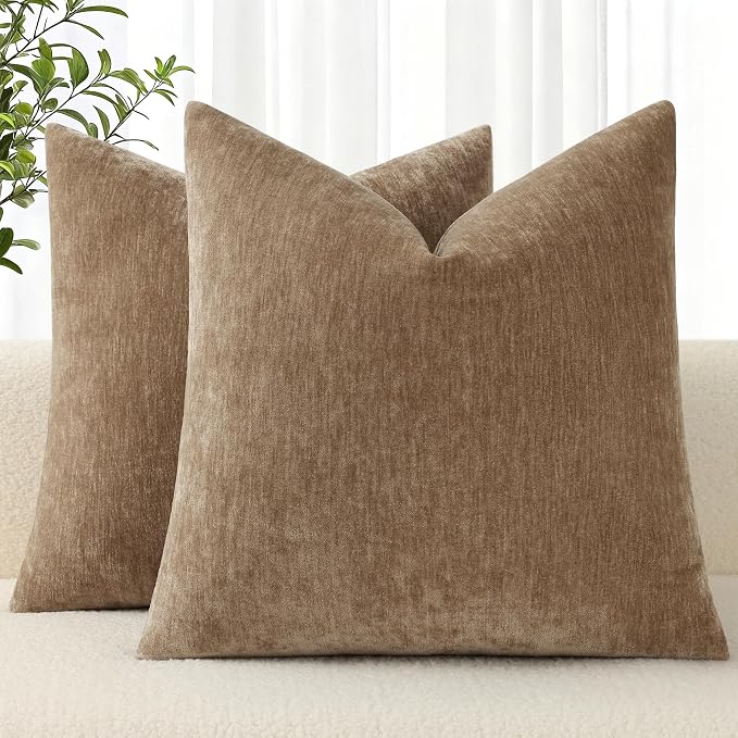 decorUhome Soft Chenille Brown Throw Pillow Covers 24X24 Set of 2 | Decorative Fall Couch Pillow Covers Solid Dyed Accent Modern Euro Sham Farmhouse Neutral Square Pillow Cases for Sofa