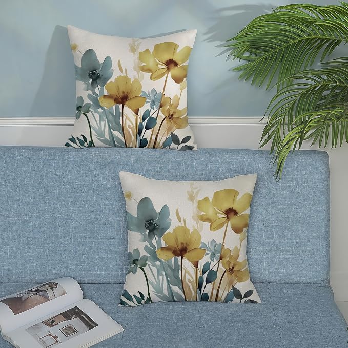 Spring Floral Pillow Covers 20x20 Inch Set of 2 Blue Yellow Floral Throw Pillow Cover Outdoor Modern Summer Flower Decoration Pillowcase Farmhouse Decorative Linen Cushion Cover For Couch Sofa