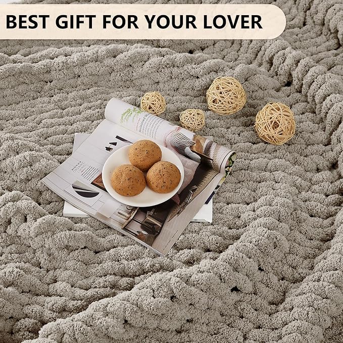 L'AGRATY Chunky Knit Throw Blanket for Couch, 72 x 84 Inches, Light Linen | Handmade Chenille Crochet Blanket for Sofa Bed, Thick Cable Knitted Blankets for Room Home Decor, Birthday Gift for Women Mom