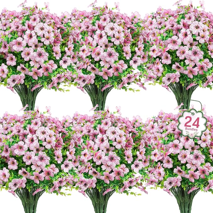 24 Pcs Artificial Flowers for Outdoors Decorations, Pink | Lifelike silk flowers, UV resistant, faux plastic plants, for garden porch window table vase home indoor outdoor decor