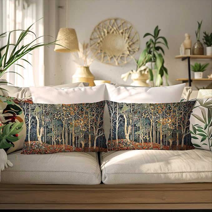 Rustic Autumn Forest Pillow Covers 20x12 Set of 2, Fall Home Room Decor, Vintage Botanical Nature William Morris Inspired Decorative Throw Pillow Covers for Home Bedroom Living Room