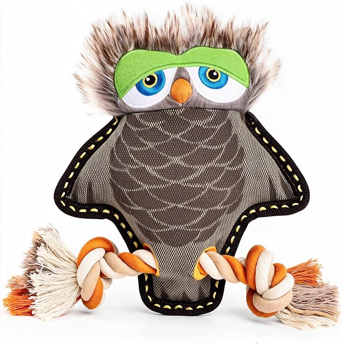 Tough Durable Squeaky Dog Toys for Aggressive chewers Interactive to Keep Them Busy, Funny Cute Tug of war Rope Birthday Dog Toy (Owl)