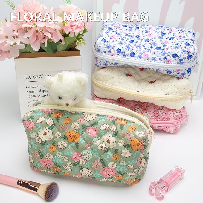 PAZIMIIK Small Quilted Makeup Bag,Zipper Cosmetic Pouch,Green Floral | Lightweight Cosmetic Bag Organizer for Women,Purse Storage Holds Makeup,Toiletries,Skincare,Beauty Essentials,Travel Items