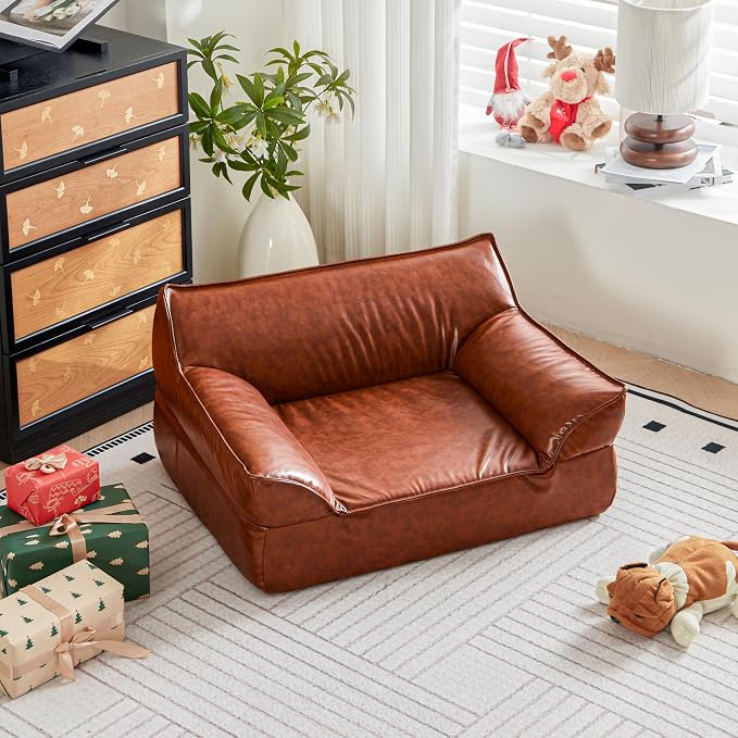 Dog Couch Bed Leather Cat Sofa for Small and Medium Pets Under 50 lbs | Brown Mid Century Modern Elevated Dog Sofa Chair, Luxurious Indoor Furniture Style Pet Supplies for Puppy