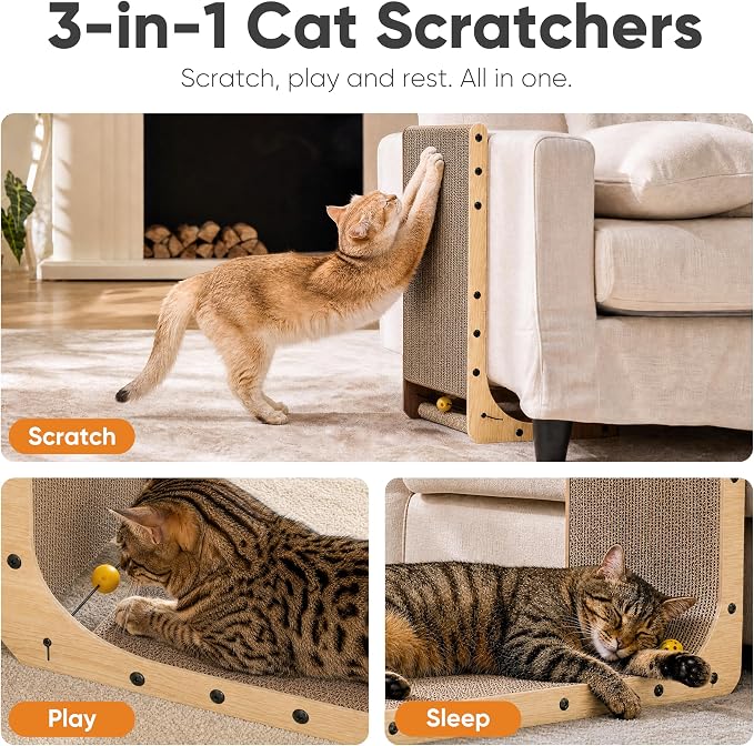 FUKUMARU Cat Scratcher 2 Packs, 25 Inch Cat Scratching Boards, L Shaped Pad | Cardboard Cat Scratcher for Indoor Cats, Vertical Scartch Pads with Ball Toy, Kitten Scratching Post Wall, Wood Color