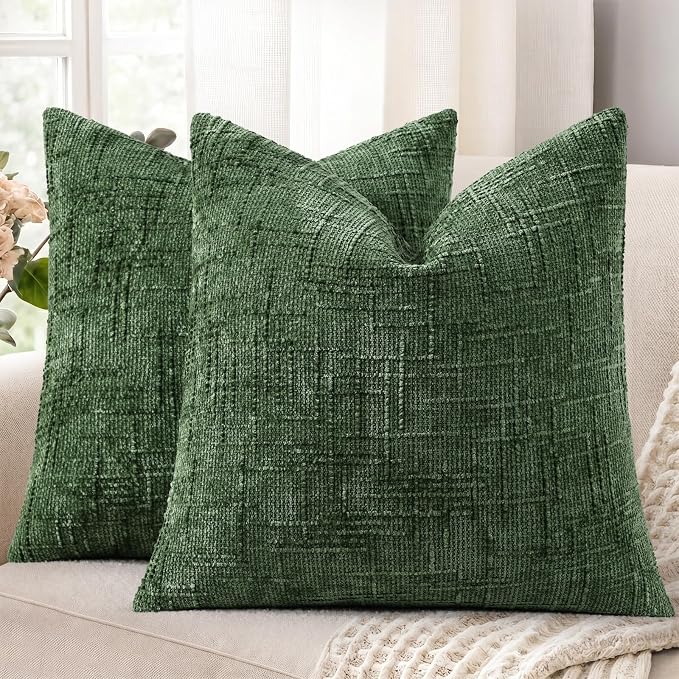 decorUhome Textured Chenille Throw Pillow Covers 22x22 Set of 2 Emerald | Fall Modern Farmhouse Soft Cozy Slubby Couch Pillow Cases Boho Decorative Pillow Cases for Bed Sofa Living Room Home Decor
