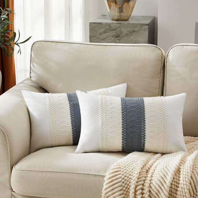 2pk Boho Pillow Covers 12x20, Natural White/Contrast/Navy | 100% Organic Cotton Body, Stripe Embroidery, Farmhouse Decorative Cushion Covers for Sofa Bed Living Room Home Decor