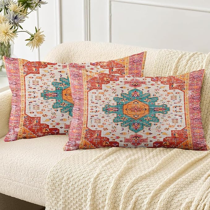 Boho Throw Pillow Covers 12x20 inch Set of 2,Soft Pillowcases Bohemia Carpet Printing Pattern Decorative Sofa Living Room Bed Rectangle Pillow Case Cushion Cover-Reddish Orange