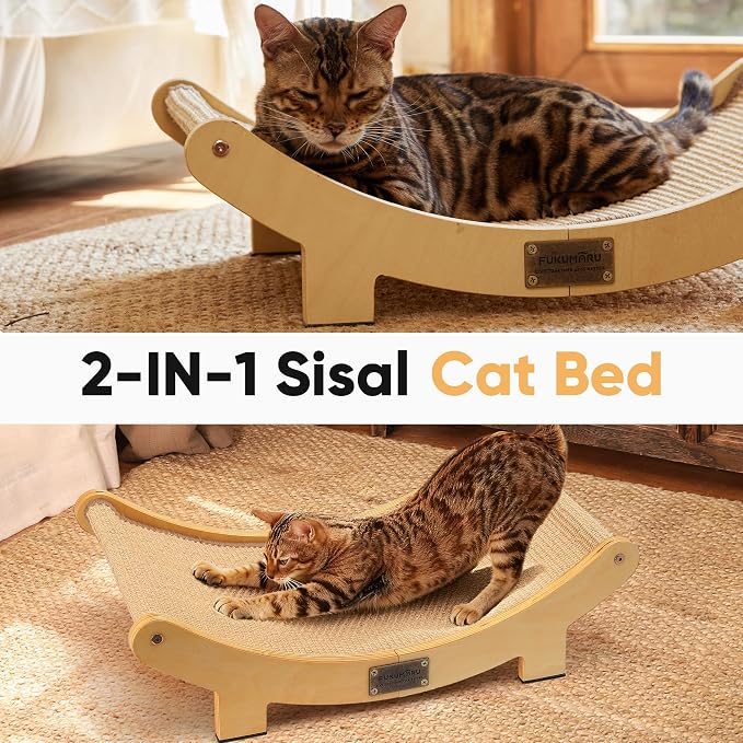 FUKUMARU Sisal Cat Scratcher Bed, Solid Wood Cat Hammock for Indoor Cats | 23.6 Inch Durable Scratching Bed, Large Cat Scratch Pad, Natural Sisal Hammock, Cat Lounger Scratcher for Sleeping (Wood)