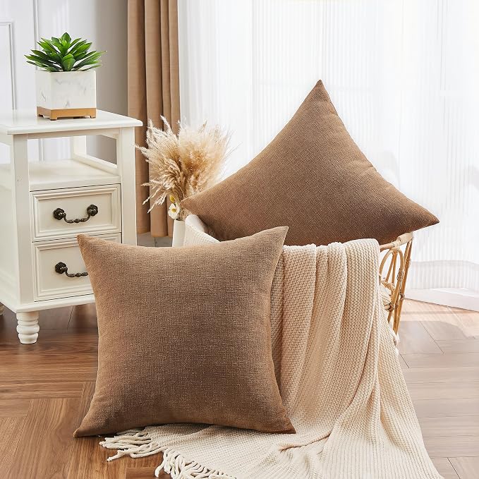 GAWAMAY Decorative Square Throw Pillow Covers 22x22 Inch Set of 2, Super Soft Chenille Pillows Farmhouse Fall Pillowcase for Living Room Bedroom Sofa Couch Cushion Cover Brown 55x55cm (No Inserts)