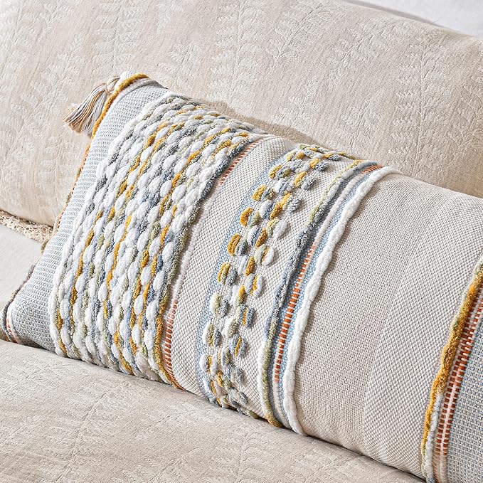 Chenille Striped Textured Boho Throw Pillow Covers Aesthetic with Tassels Woven Decorative Pillow Case for Couch Bed Sofa Bedroom Modern Funky 14 x 36-Inch Grey