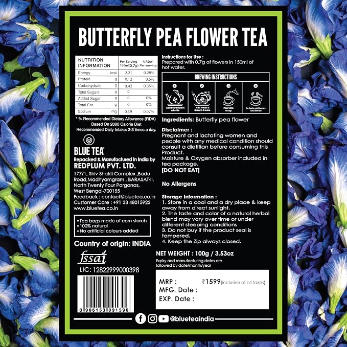 BLUE TEA - Butterfly Pea Flower Tea - 3.52 Oz (250+ Cups) Loose | Antioxidant Rich | Chemical Free - Caffeine Free - Detox Tea - Flower Based - Non Bitter | Zipper Packaging