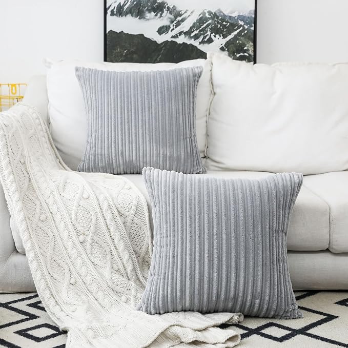 UGASA Velvet Pillow Covers Striped, Decorative Throw Cushion Case with Hidden Zipper for Home Couch/Bedroom/Car, Soft Cozy Solid Square, 1 Pack (20"x20", Light Grey)