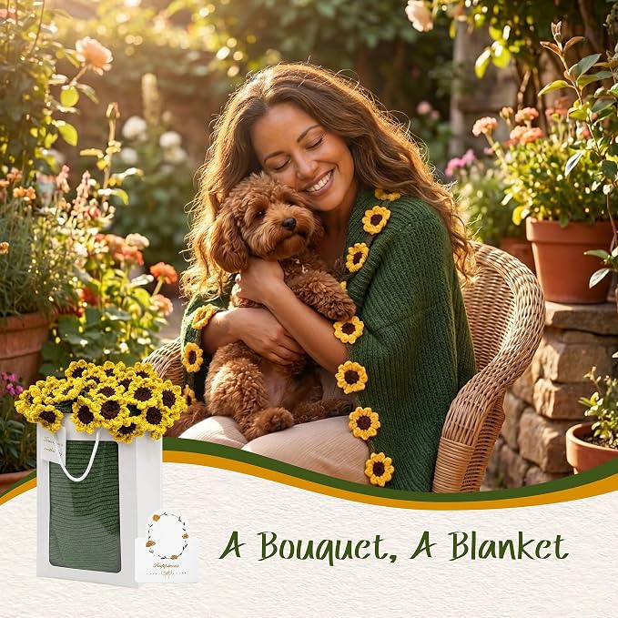 Sunflower Crochet Flower Bouquet Blanket, 43 Inch Gift Throw, 36 Sunflowers | Gift bag, writable card, machine washable, hand-crocheted sunflowers, ready for sunshine gifts and special moments.