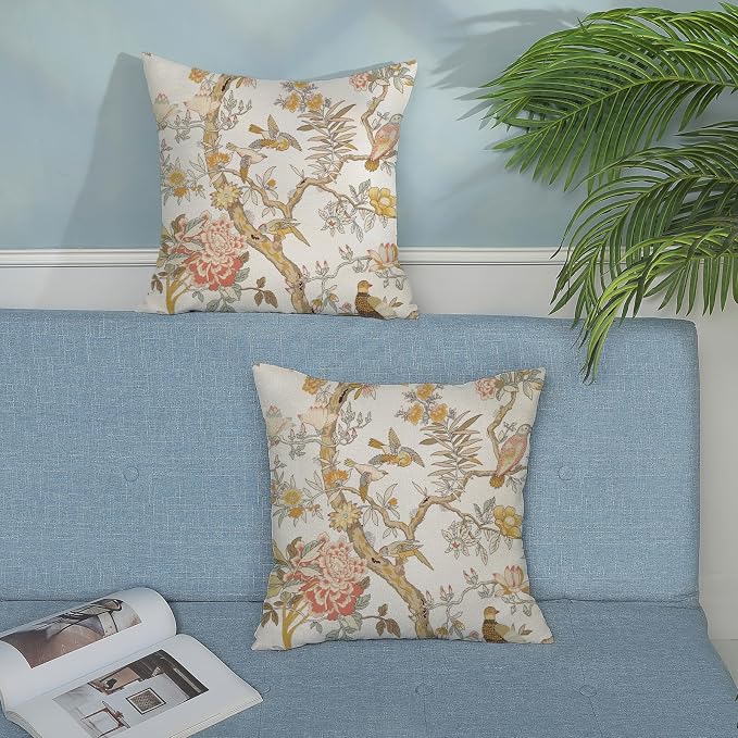 Chinoiserie Pillow Covers 18x18 Set of 2 Yellow Floral Bird Throw Pillows Green Vintage Flowers Bird Decorative Pillowcase Outdoor Chinoiserie Decoration Farmhouse Cushion Case for Couch Home