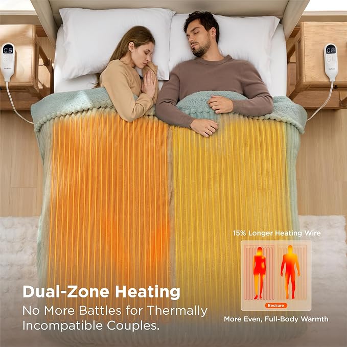 Bedsure Electric Blanket King Size - Thick Striped Flannel Electric Blanket with Dual Control, Heating with 6 Heat Settings & 6 Time Settings, 8 hrs Timer Auto Shut Off (90"x100", Green)