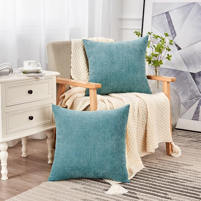 GAWAMAY Decorative Throw Pillow Covers 16x16 Inch Set of 2, Super Soft Chenille Square Pillows Farmhouse Fall Pillowcase for Living Room Bedroom Sofa Couch Cushion Cover Smoke Blue 40x40cm