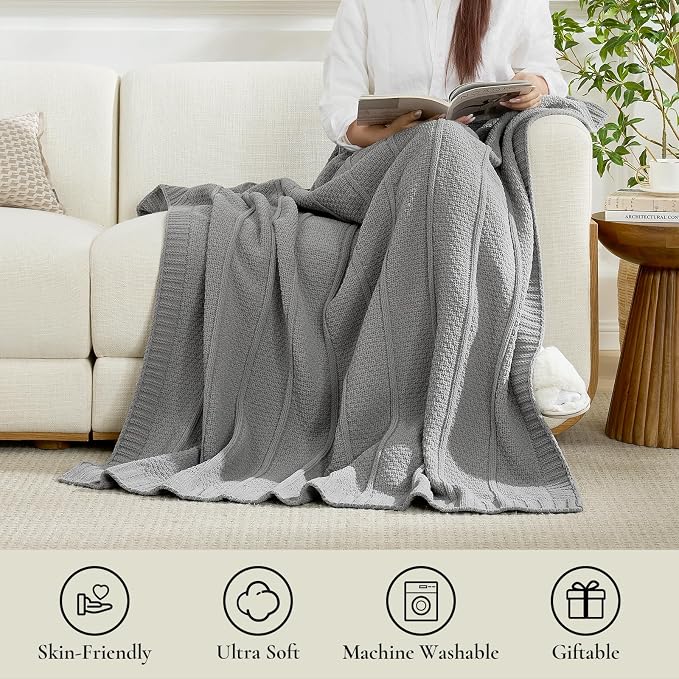 Premium Chenille Throw Blanket, Soft Cozy Moss Stitch Knit Blanket for Couch, Sofa, Chair, Home Decor, Grey 50"x60"