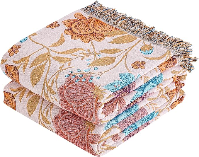 VANJOROY Boho Throw Blanket, 100% Organic Cotton Breathable Ultra Soft 80" x 90" Bed Quilt Throw - All Season Floral Rustic Farmhouse Decor Luxury Reversible Blanket for Sofa Couch Chair and Gift