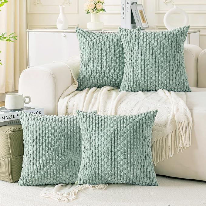 Set of 4 Aqua Decorative Throw Pillow Covers 18x18 Inch Corduroy Pillow Covers for Bed Couch Sofa Living Room Soft Square Cushion Cases
