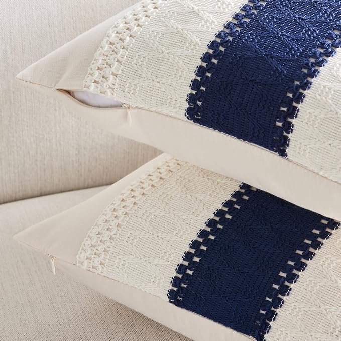 2 Pack Boho Throw Pillow Covers, Contrast Navy Blue 18x18in | Soft Breathable Cotton, Farmhouse Decorative Couch Pillow Cases, Cushion Covers for Sofa Bed Living Room Home Decor