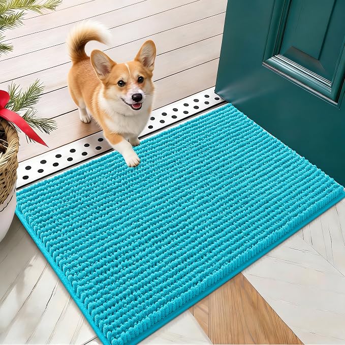 OLANLY Dog Door Mat for Muddy Paws 24x16, Extra Absorbent Chenille Mud Mat | Aqua Blue, Absorbs Moisture and Dirt, Non-Slip Machine Washable Doormat, Quick-Drying Indoor Entryway Floor Mat for Dogs