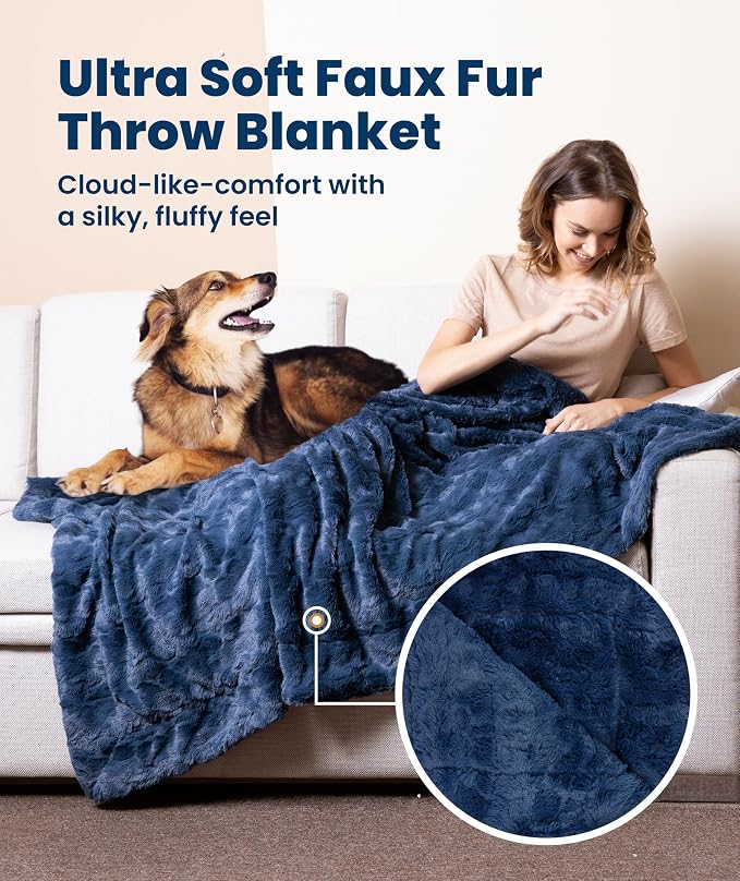 Everlasting Comfort Soft & Comfortable Navy Blue Faux Fur Throw Blanket for Couch - (50"x65") Minky & Fluffy Fall Blankets & Throws, Plush Fuzzy for Bed, Sofa & Living Room - Cozy Home Decor