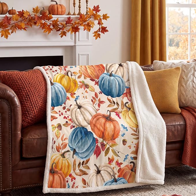 Fall Pumpkins Throw Blanket, Autumn Orange White Blue Pumpkins Leaves and Berries Soft Warm Fleece Blanket for Living Room Couch Bed Chair or Dorm, 50"x60"