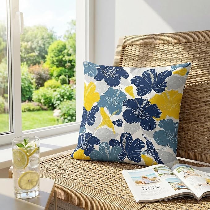 COMMINY Navy Blue Orange Pillow Covers 20x20 Set 6 Farmhouse Throw Cover | Daisy Dhalia flower, Large Throw Pillow Size, Breathable Linen, Bedroom Accent Couch Sofa Spring Summer Decor