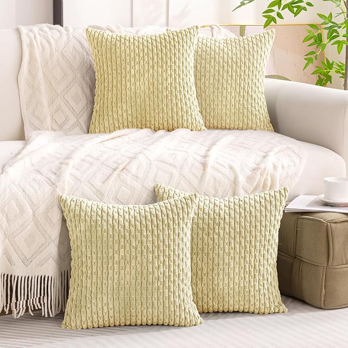 Set of 4 Pale Yellow Decorative Throw Pillow Covers 20x20 Inch Corduroy Pillow Covers for Bed Couch Sofa Living Room Soft Square Cushion Cases