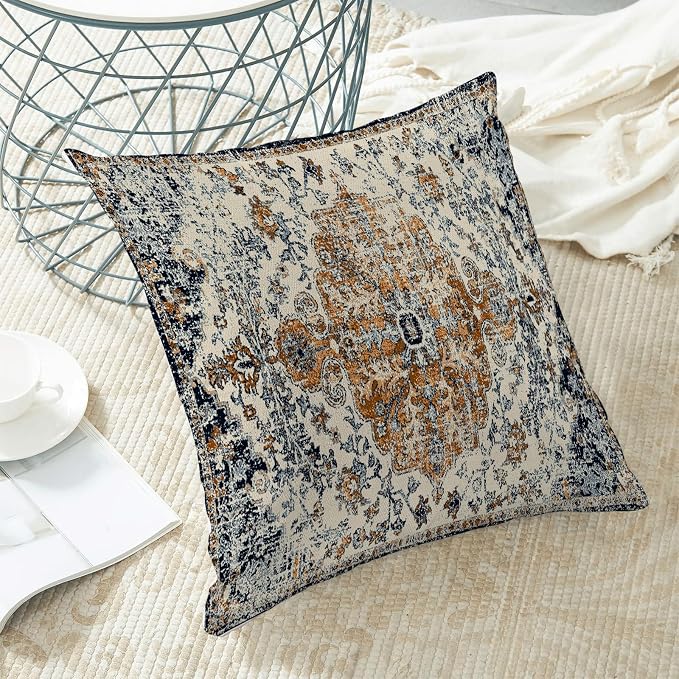 AEIOAE Boho Pillow Covers 24x24 Inch Set of 2,Carpet Pattern Throw Pillows Case,Rust Blue Ethnic Design Outdoor Decorative Square Linen Farmhouse Decor Cushion Covers for Home Sofa Bed Couch