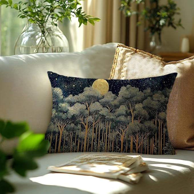 Rustic William Morris Night Forest Green Moon Decor Pillow Covers 20x12,Vintage Botanical Nature Landscape Decorative Throw Pillow Covers for Home Bedroom Living Room