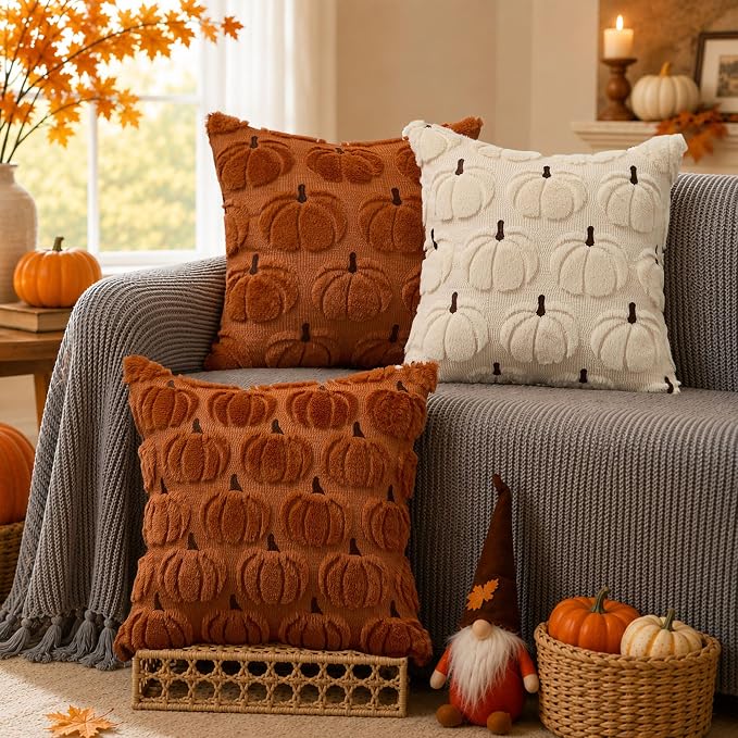 DFXSZ Fall Pillow Covers 18x18 2Pcs Rust Brown Pumpkin Fall Decorations | Fall decor Set of 2 Throw Pillow Cases Soft Plush Faux Fur Wool Couch Cushion for Chair Sofa Bedroom Living Room Home Decor