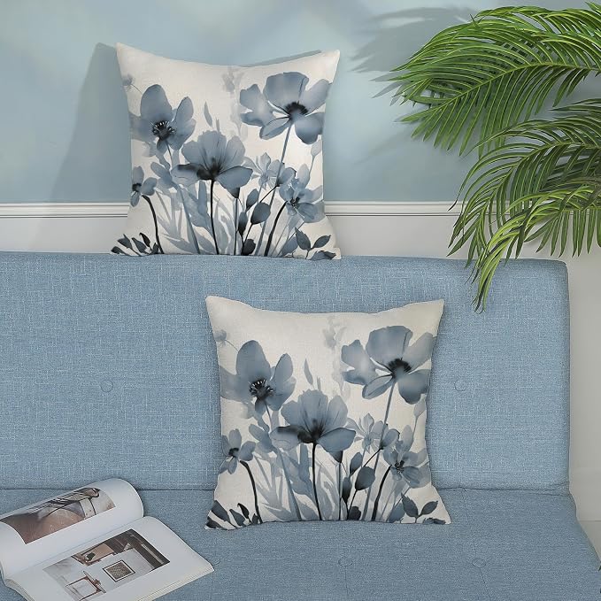 Spring Floral Pillow Covers 18x18 Inches Set of 2,Blue Floral Throw Pillow Covers Outdoor Summer Flower Decoration Pillowcase Farmhouse Decorative Square Cushion Cover For Couch Sofa Home Decor